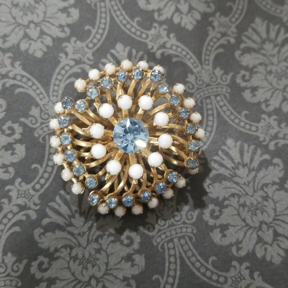 Vintage Brooch with white Stones and Blue Crystals